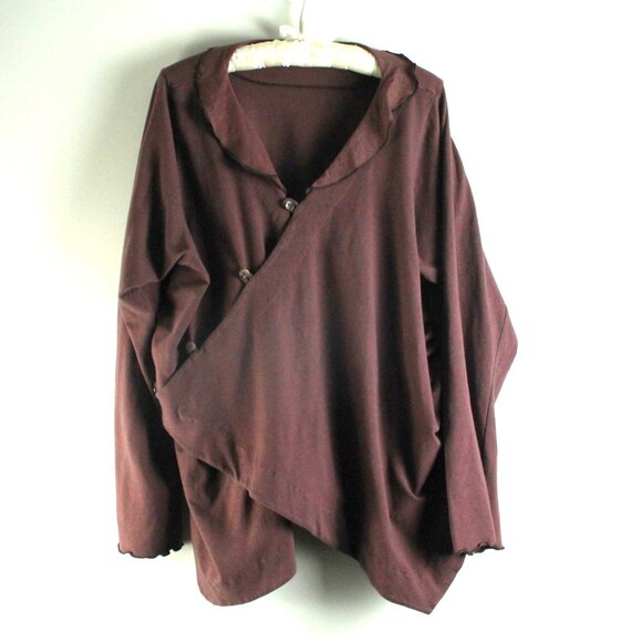 Bluefish Tops - Bluefish Brown Draping Crossover Asymmetrical Side Button Long Sleeve Top 1